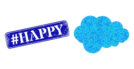 Low-poly foam designed with chaotic filled triangles, and grunge #Happy seal stamp. Blue rounded framed rectangular stamp contains #Happy caption inside framed rectangle shape.