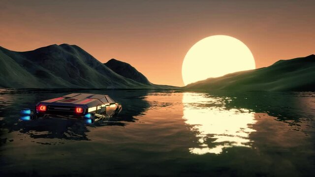 3D Futuristic flying retrowave car over water against the setting sun 
