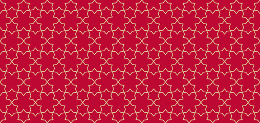 Luxury ornate vector abstract geometric seamless pattern. Traditional Asian ornament with lines, elegant lattice, mesh, grid, floral shapes, stars. Golden ornamental background. Red and gold design