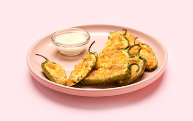 Plate with tasty jalapeno poppers and sauce on pink background