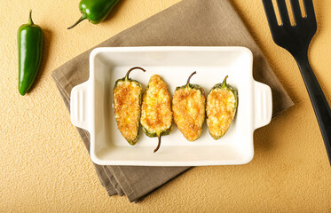 Baking dish with tasty jalapeno poppers on color background