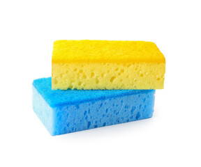 Different cleaning sponges on white background
