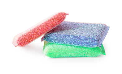 Different cleaning sponges on white background