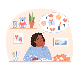 Happy black thinking teenage girl writes diary on home background concept. Young flat sitting afro girl portrait plans in organizer, draws creative pages or journal. Cartoon vector illustration.