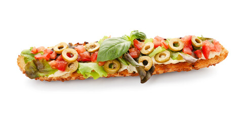 Delicious vegetarian bruschetta on white background