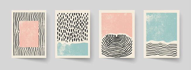 Set of abstract hand drawn compositions. Minimal geometric posters. Boho wall decor. © Oleksandra