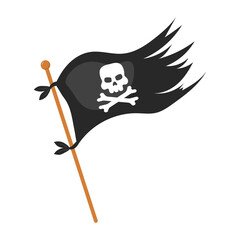 Pirate flag with skull. Carnival costume props. Party adventure. Piracy icon isolated on white background. Vector illustration in flat cartoon style.