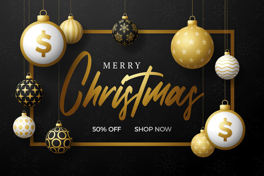Merry Christmas gold dollar symbol banner. Dollar sign as christmas bauble ball hanging greeting card. Vector image for xmas, finance, new years day, banking, money