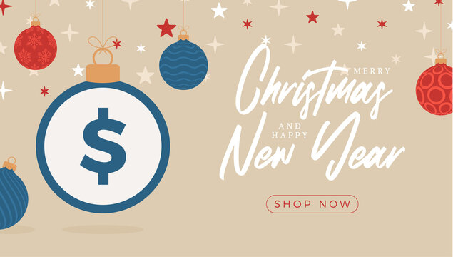 Merry Christmas dollar symbol banner. Dollar sign as christmas bauble ball hanging greeting card. Vector image for xmas, finance, new years day, banking, money