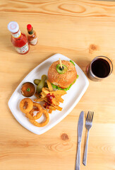 food, soda, tea, burger, yellow banana, somosa, breakfast, meal, plate, meat, fried, bread, dinner, tomato, dish, restaurant, cheese, salad, vegetable, fish, healthy, delicious, fresh, gourmet, cuisin