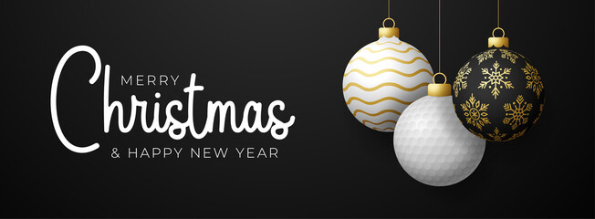 golf Christmas card. Merry Christmas sport greeting card. Hang on a thread golf ball as a xmas ball and golden bauble on black horizontal background. Sport Vector illustration.