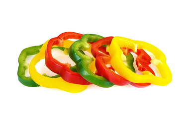 Sliced red, yellow, green bell pepper isolated on white background