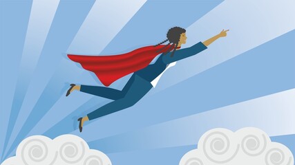 Woman, superhero flying in the sky. Vector illustration. Dimension 16:9. EPS10.
