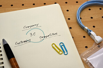 There is a notebook on the punching board where the elements of the marketing framework "3C = customer, competitor, company" are written down.