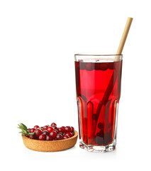 Glass of healthy juice and bowl with cranberries on white background