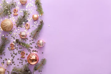Poster Composition with fir branches, Christmas decorations and confetti on lilac background, closeup © Pixel-Shot