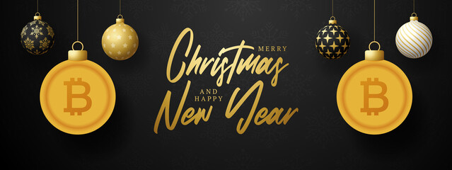 Merry Christmas gold bitcoin symbol banner. bitcoin sign as christmas bauble ball hanging greeting card. Vector image for xmas, finance, new years day, banking, money