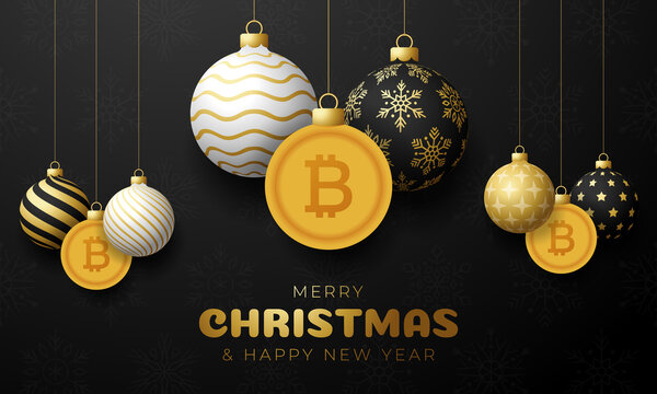 Merry Christmas gold bitcoin symbol banner. bitcoin sign as christmas bauble ball hanging greeting card. Vector image for xmas, finance, new years day, banking, money