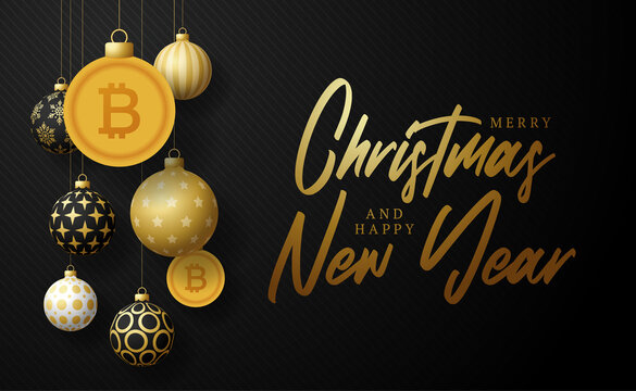 Merry Christmas gold bitcoin symbol banner. bitcoin sign as christmas bauble ball hanging greeting card. Vector image for xmas, finance, new years day, banking, money