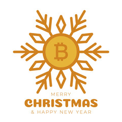 Merry Christmas bitcoin symbol banner. bitcoin sign as christmas bauble ball hanging greeting card. Vector image for xmas, finance, new years day, banking, money
