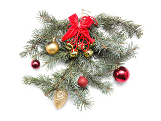 Obraz na płótnie Canvas Fir branch with Christmas decorations on white background