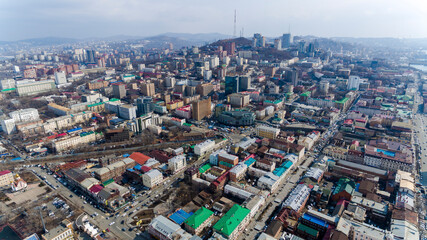 Fototapeta na wymiar Vladivostok. Top view. The historical center of Vladivostok city shot from above. Capital of the Far East.