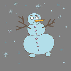 Blue snowman with snowflakes. New Year. Vector. Drawn by hand in a doodle style. Cartoon