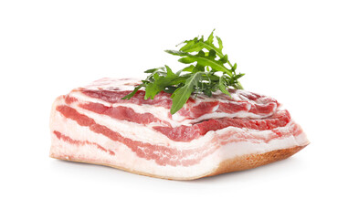 Uncooked bacon with arugula on white background