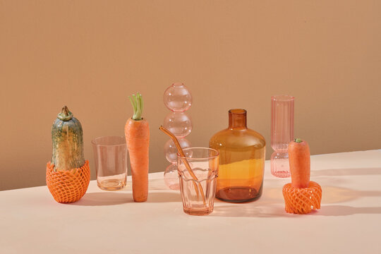 Orange color clean diverse of glassware and vases