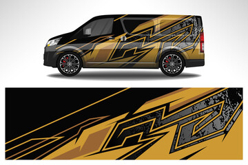 Fototapeta premium Car wrap design race livery vehicle decal vector. Graphic abstract stripe racing background kit designs for vehicle, race car, rally, adventure and livery