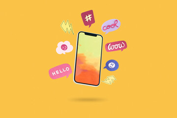 Smartphone and Message bubbles chat papper on yellow background