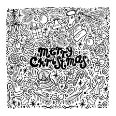 Doodle christmas attributes in vector. Idea for design of cards, background, pattern, set or childrens illustration.