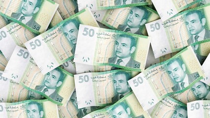 fifty dirhams banknotes stacks, moroccan money, 50 dirhams, 3d render