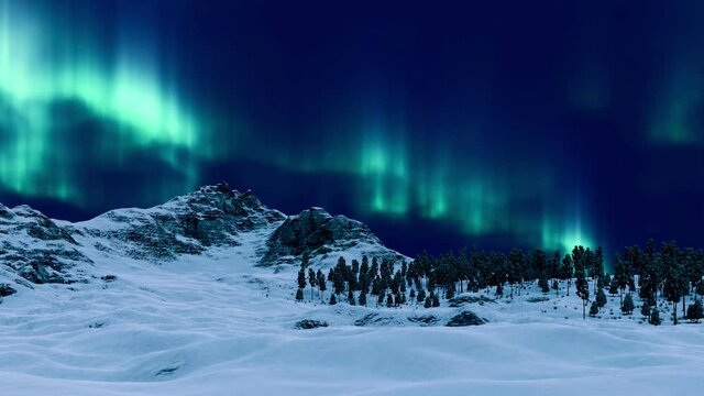 Peaceful winter landscape with Northern Lights Aurora Borealis flashes in arctic sky over desolate snowy mountains at calm polar night. Scenic natural background 3D animation rendered in 4K