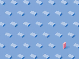 Trendy blue pattern made of eraser cube, with one different pink cube. Blue background. Minimal and...
