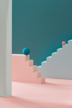 Steps and balls on abstract background in pastel colors