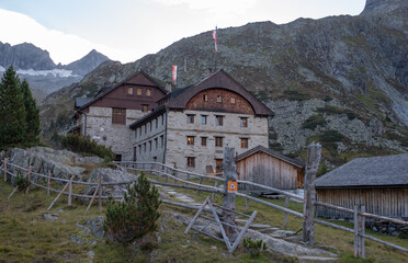 Panoramic view on the Berlin mountain hut. Berlin high trail in Zillertal Alps Nature Park.