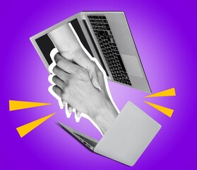 Successful online business deal. Contemporary art collage of handshaking with laptop device