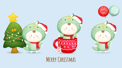 Cute baby wearing santa hat for merry christmas illustration set with different poses Premium Vector