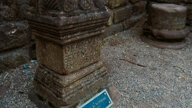 Detail of the Altar to Nemesis at the Chester Roman Amphitheatre, Cheshire, England, UK, the largest so far uncovered in Britain