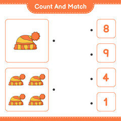 Count and match, count the number of Hat and match with the right numbers. Educational children game, printable worksheet, vector illustration