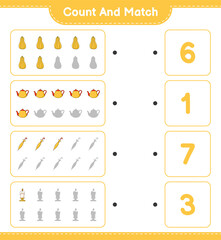 Count and match, count the number of Teapot, Candle, Butternut Squash, Umbrella and match with the right numbers. Educational children game, printable worksheet, vector illustration