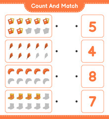 Count and match, count the number of Oak Leaf, Socks, Book, Croissant and match with the right numbers. Educational children game, printable worksheet, vector illustration