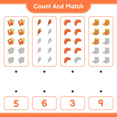 Count and match, count the number of Oak Leaf, Socks, Book, Croissant and match with the right numbers. Educational children game, printable worksheet, vector illustration