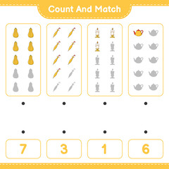 Count and match, count the number of Teapot, Candle, Butternut Squash, Umbrella and match with the right numbers. Educational children game, printable worksheet, vector illustration