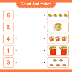 Count and match, count the number of Slippers, Tea Cup, Book, Jam, Pie and match with the right numbers. Educational children game, printable worksheet, vector illustration