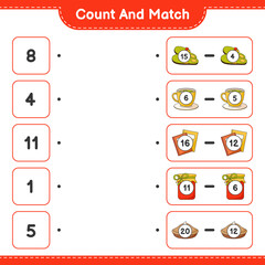 Count and match, count the number of Slippers, Tea Cup, Book, Jam, Pie and match with the right numbers. Educational children game, printable worksheet, vector illustration