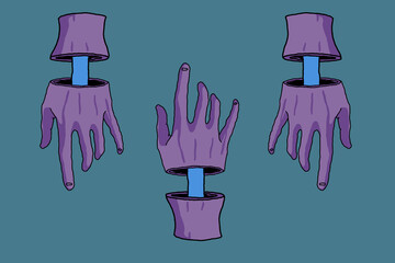 three Purple hands on blue background - bone exposed