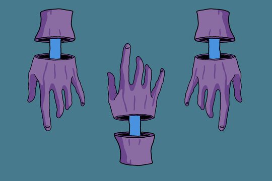 three Purple hands on blue background - bone exposed