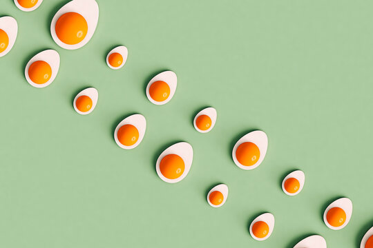 3D render of boiled eggs cut in half crossing the frame